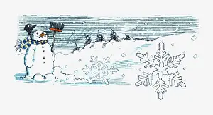 Icicle Prints: Illustration of smiling snowman holding broom during snowstorm