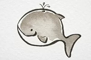 Illustration, smiling Whale spouting water from its blow hole, side view