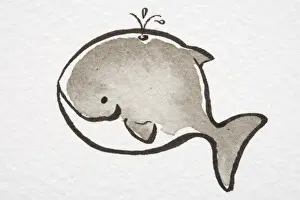 Cetacea Prints: Illustration, smiling Whale spouting water from its blow hole, side view