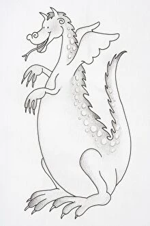 Illustration, smiling winged dragon with forked tongue, side view