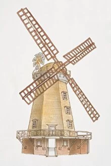 Windmill Gallery: Illustration, Smock Mill, traditional four-armed windmill