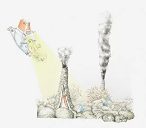 Arrow Symbol Gallery: Illustration of smokers (sea vents, hydrothermal vents) on the ocean floor in volcanically active areas of mid-ocean ridges
