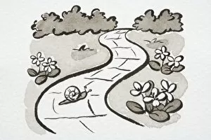 Illustration, Snail crossing winding garden path, side view
