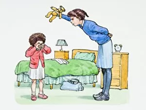 Illustration of sneering teenage girl teasing crying sister by holding teddy bear above her head