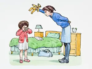Teenager Prints: Illustration of sneering teenage girl teasing crying sister by holding teddy bear above her head
