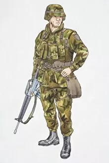 Illustration, soldier in camouflage gear holding machine gun