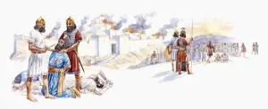 Destruction Prints: Illustration of soldier holding Zedekiah as Nebuchadnezzar blinds him using knife as his sons lie dead