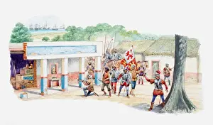 Domination Prints: Illustration of Spanish conquistadors claiming Aztec village
