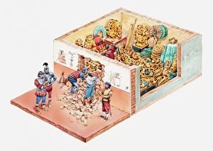 Illustration of Spanish conquistadors looting Aztec treasure hidden inside house