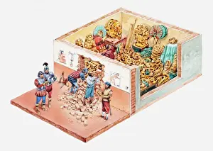 Destruction Prints: Illustration of Spanish conquistadors looting Aztec treasure hidden inside house