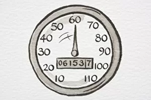 Illustration, speedometer showing miles per hour and odometer showing miles travelled