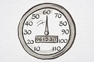Man Made Prints: Illustration, speedometer showing miles per hour and odometer showing miles travelled