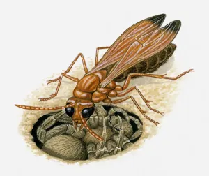 The End Prints: Illustration of Spider wasp injecting venom into spider in burrow