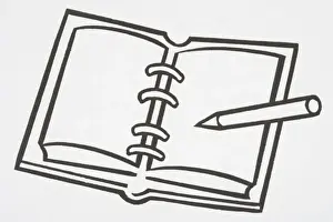 Notebooks Prints: Illustration, spiral notebook, pen lying on open page