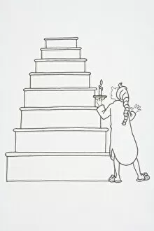 Illustration, standing at bottom of stairs in sleeping gown, nightcap and slippers, holding candle