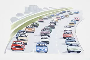 Illustration of stationary cars in traffic jam on crowded road