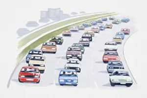 Frustration Prints: Illustration of stationary cars in traffic jam on crowded road