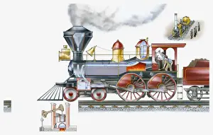 Invention Prints: Illustration of steam train and smaller images of Rocket steam locomotive and mechanism of Thomas Newcomens engine