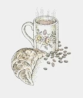 Illustration of steaming mug of coffee, croissant, and coffee beans