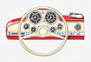 Illustration of steering wheel and dashboard
