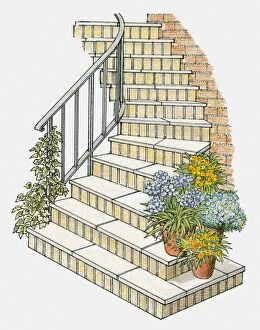 Railing Collection: Illustration of steps decorated with flower pots and ivy growing on handrail