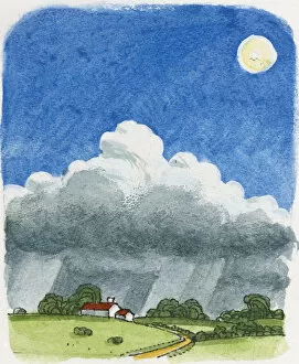Illustration of storm cloud over farmhouse with blue sky above