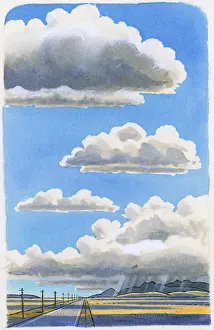 Illustration of storm clouds building up in mid-afternoon from cumulus clouds coming together