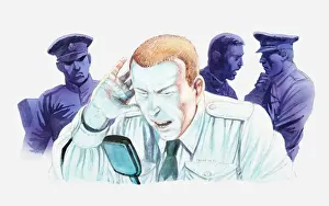 Blonde Hair Prints: Illustration of stressed air traffic control operator using transceiver after losing contact with aircarft