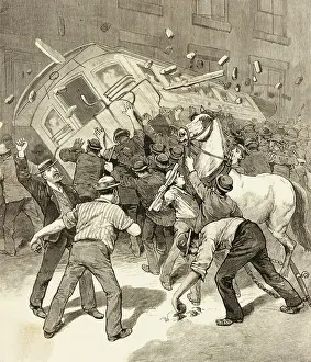 Trolley Prints: Illustration of Striking Conductors and Drivers Overturning a Trolley Car