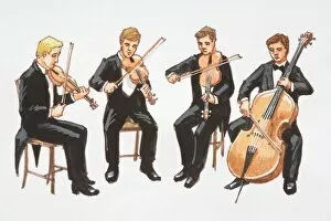 Performance Gallery: Illustration, string quartet, four sitting men in tuxedos playing two violins, a viola and cello