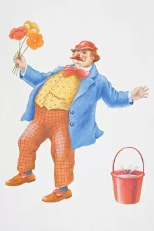 Illustration, stumbling clown holding bunch of flowers standing next to red bucket with water splashing