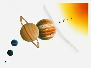 Images Dated 14th April 2010: Illustration of the Sun, Mercury, Venus moon orbiting Earth, asteroid belt passing between Mars