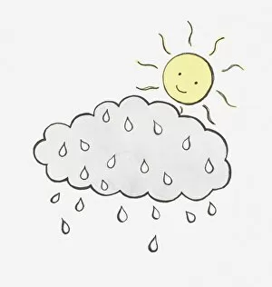 Raindrop Gallery: Illustration of sun with smiley face looking down at rain and cloud