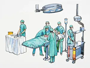Teamwork Prints: Illustration of surgeon, assistants and patient in operating room