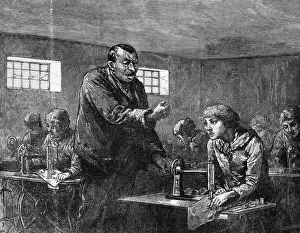 Sewing Machine Prints: Illustration of a Sweatshop Foreman Threatening Worker