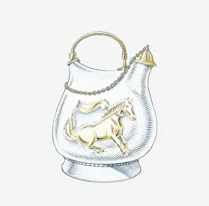 Illustration of Tang silver wine jug with gilded dancing horse motif, Chang'an, China Illustration of Tang silver wine jug with gilded dancing horse motif, Chang'an, China