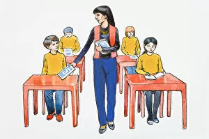 Looking Down Gallery: Illustration of teacher giving books to elementary students sitting at desks in classroom