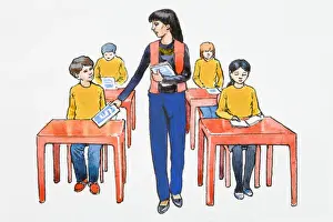 In A Row Prints: Illustration of teacher giving books to elementary students sitting at desks in classroom