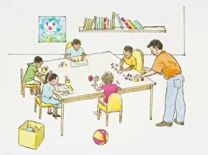 Illustration of teacher standing next to elementary students sitting at table in classroom