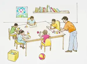 Bookshelf Prints: Illustration of teacher standing next to elementary students sitting at table in classroom