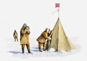 Warm Clothing Prints: Illustration of team of Antarctic explorers outside tent with Norwegian flag on top