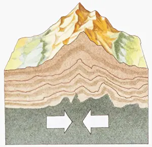Moving Up Prints: Illustration of tectonic plates colliding and pushing the land up into mountain range