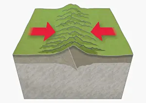 Plate Tectonics Prints: Illustration of tectonic plates moving together (convergent boundary), creating mountains