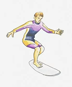 Skill Gallery: Illustration of teenage boy balancing on surfboard, wearing wetsuit