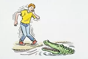 At The Edge Of Gallery: Illustration of teenager shaking with fear, knees knocking and fingers in mouth standing at edge