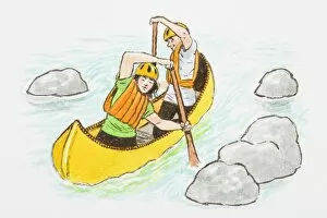 Images Dated 5th March 2008: Illustration of teenagers wearing hardhats paddling yellow canoe between rocks on river