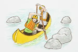 Illustration of teenagers wearing hardhats paddling yellow canoe between rocks on river