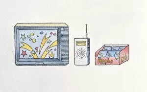 Images Dated 10th July 2009: Illustration of television, radio and packets of sweets