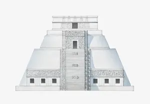 Mayan Prints: Illustration of Temple of the Magician, Uxmal, Mexico