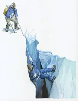 Images Dated 12th March 2010: Illustration of Tenzig Norgay helping Edmund Hilary on their ascent to Mt Everest by securing safety rope at top of crevasse